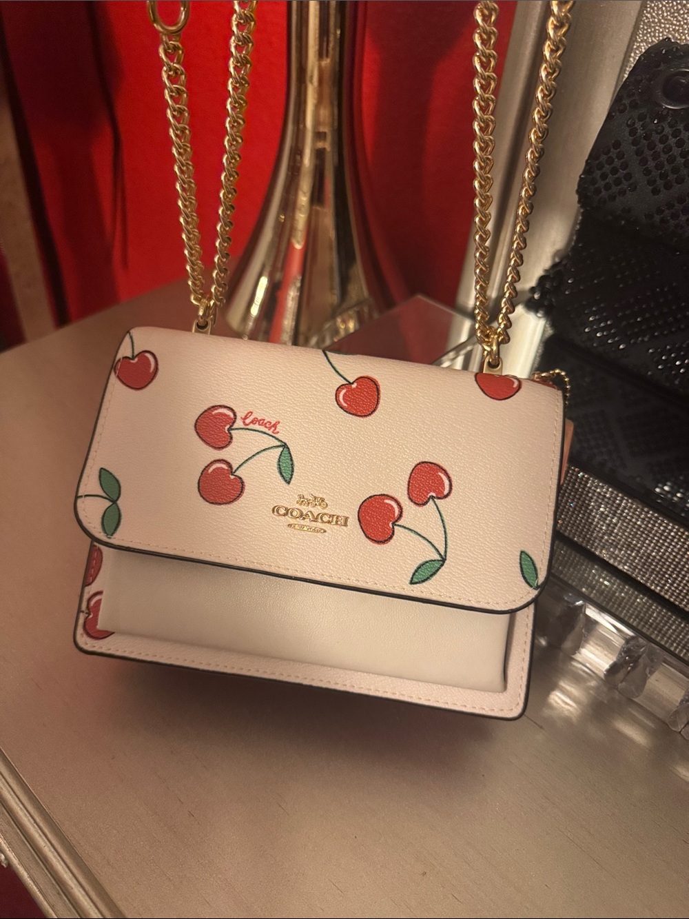 Coach Pink Cherry Print Crossbody with Gold Chain